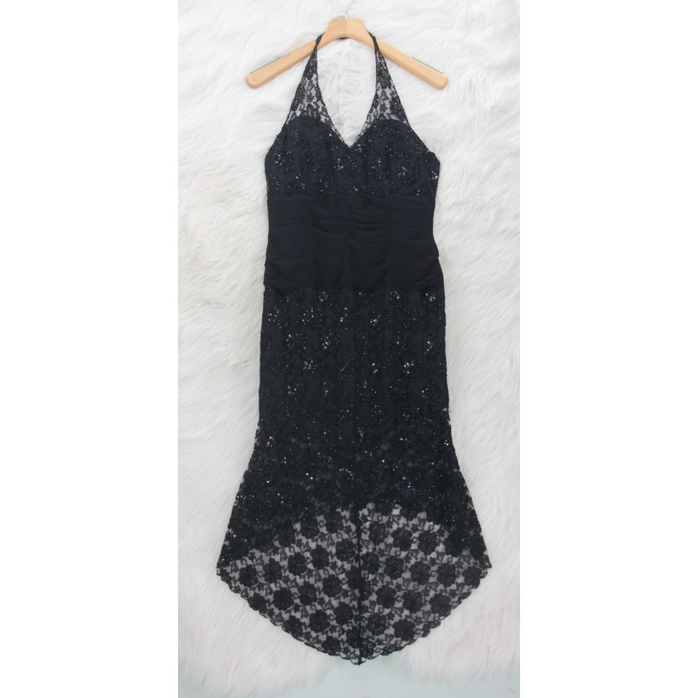 Vintage Y2K Black Lace Halter High Low Dress L Whimsygoth Fairy Grunge Sequin